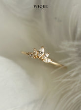 9k Solid Gold Dainty Feather Diamond Ring | Stacking Rings