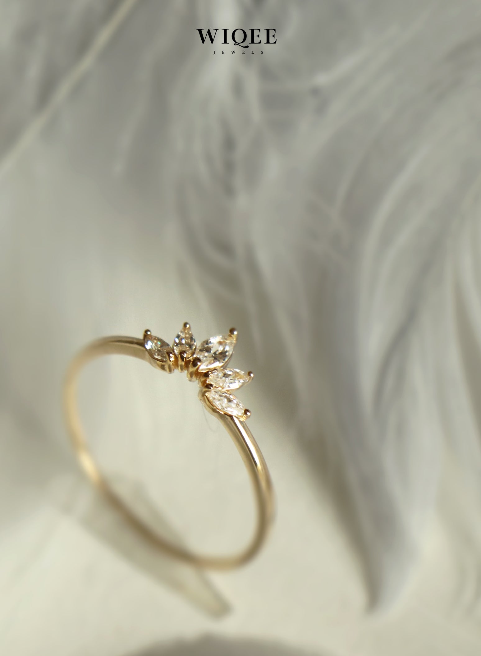 9k Solid Gold Dainty Feather Diamond Ring | Stacking Rings