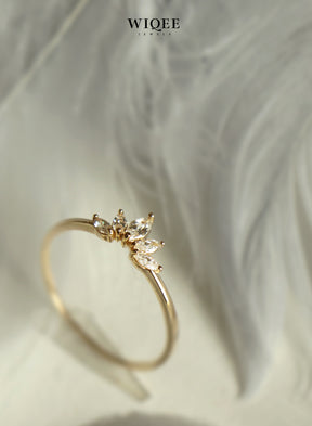 9k Solid Gold Dainty Feather Diamond Ring | Stacking Rings