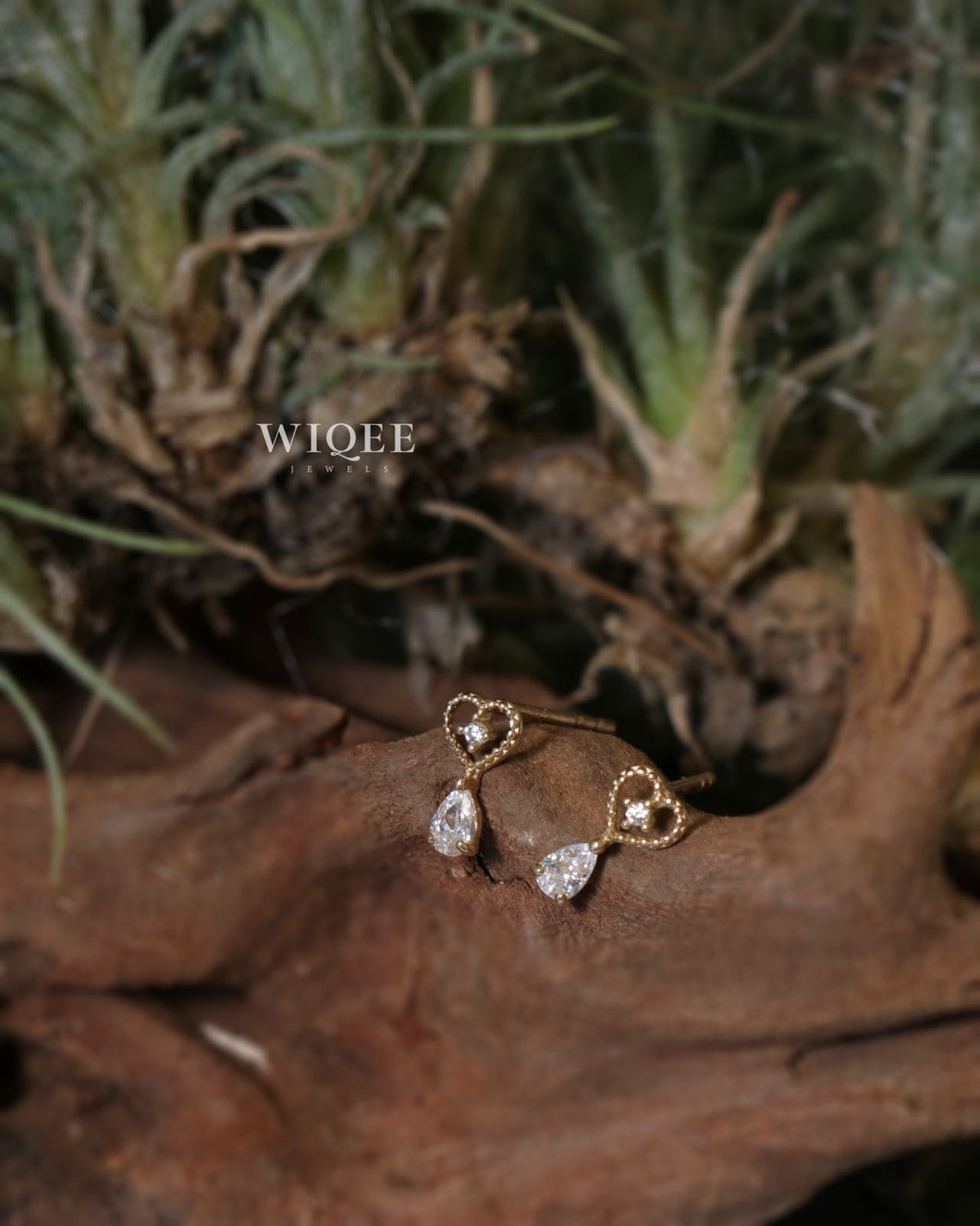 14K Yellow Gold Heart Stud Earrings, Teardrop CZ Dangle