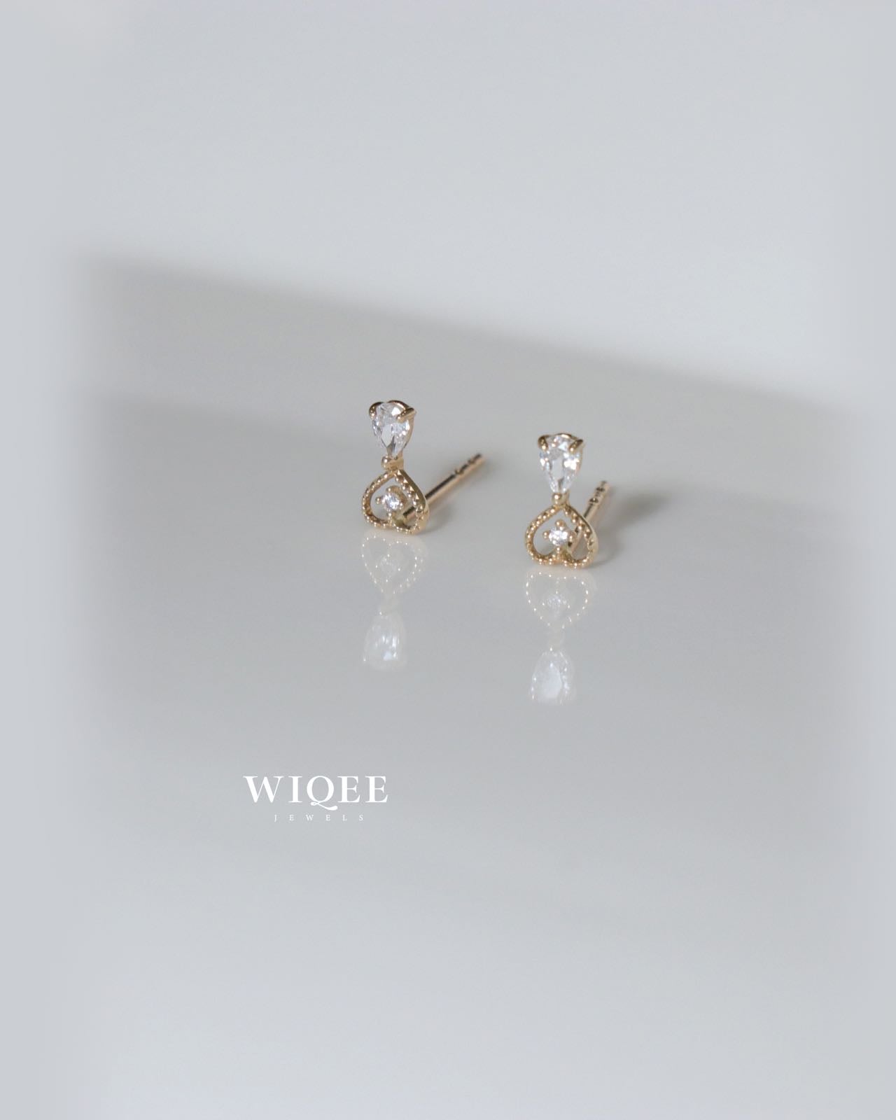 14K Yellow Gold Heart Stud Earrings, Teardrop CZ Dangle