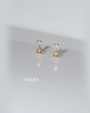 14K Yellow Gold Heart Stud Earrings, Teardrop CZ Dangle