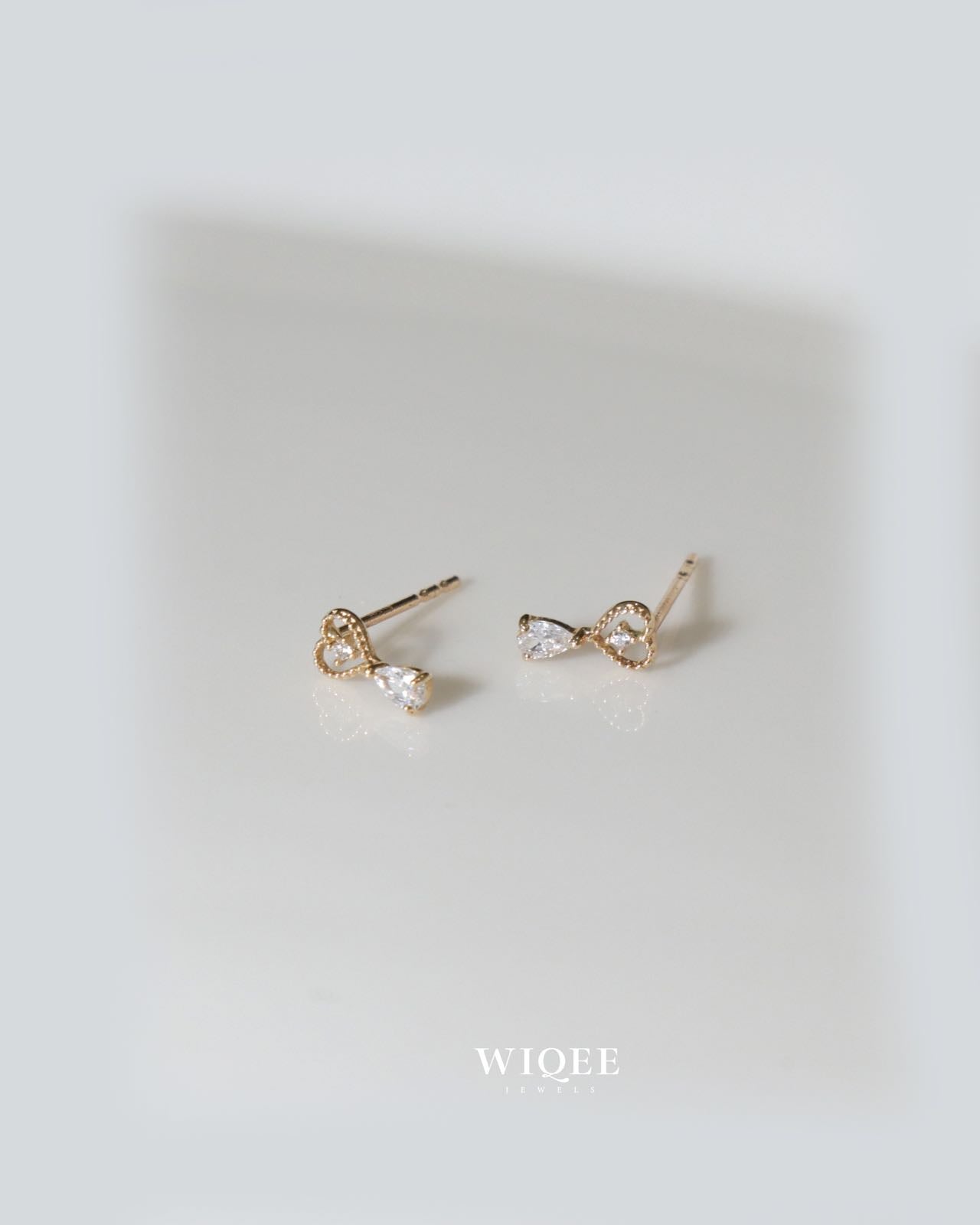 14K Yellow Gold Heart Stud Earrings, Teardrop CZ Dangle