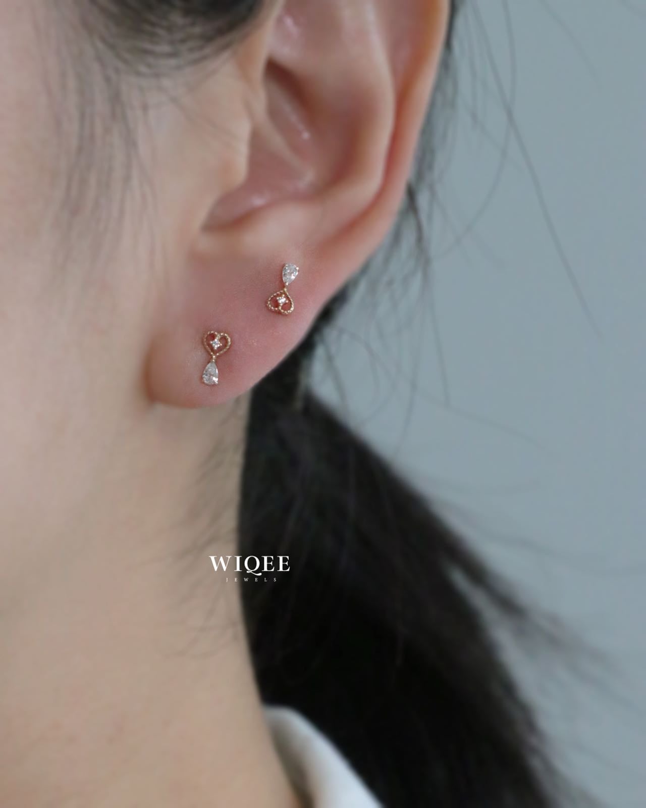 14K Yellow Gold Heart Stud Earrings, Teardrop CZ Dangle