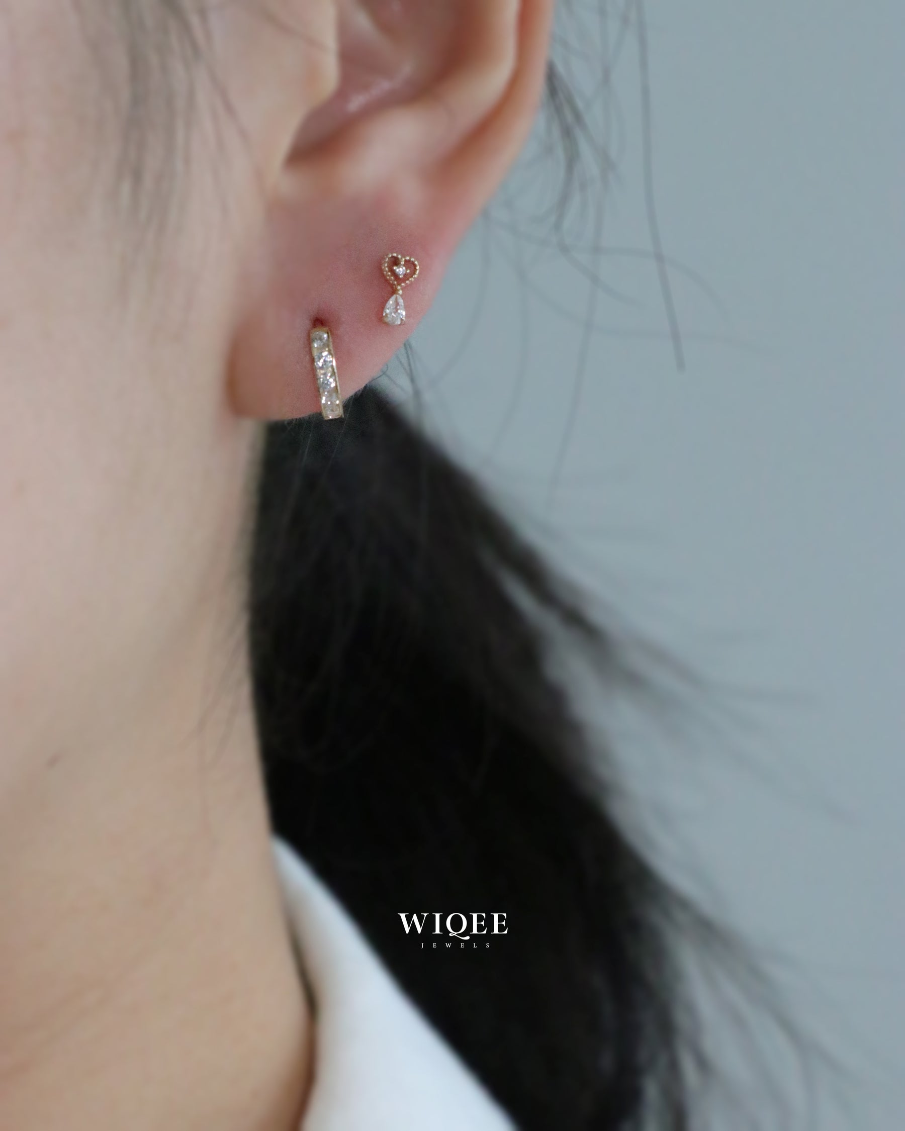 14K Yellow Gold Heart Stud Earrings, Teardrop CZ Dangle