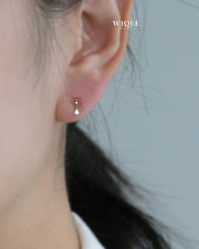 14K Yellow Gold Heart Stud Earrings, Teardrop CZ Dangle