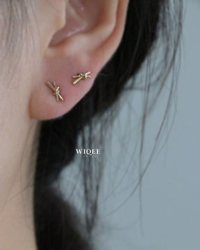 9K Yellow Gold Bow Stud Earrings, Minimalist Dainty Jewelry