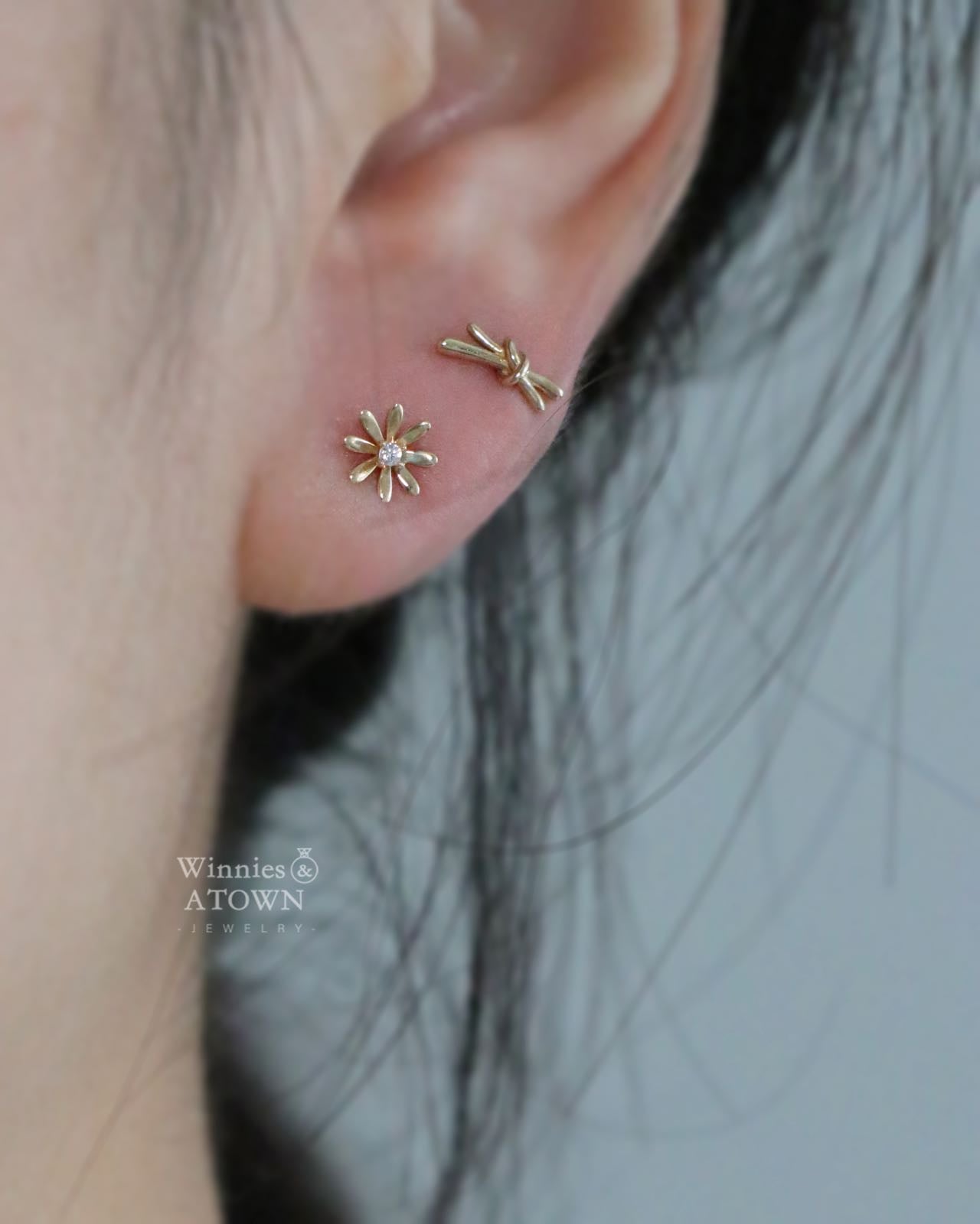 9K Yellow Gold Bow Stud Earrings, Minimalist Dainty Jewelry