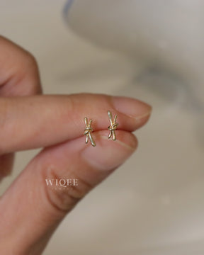 9K Yellow Gold Bow Stud Earrings, Minimalist Dainty Jewelry