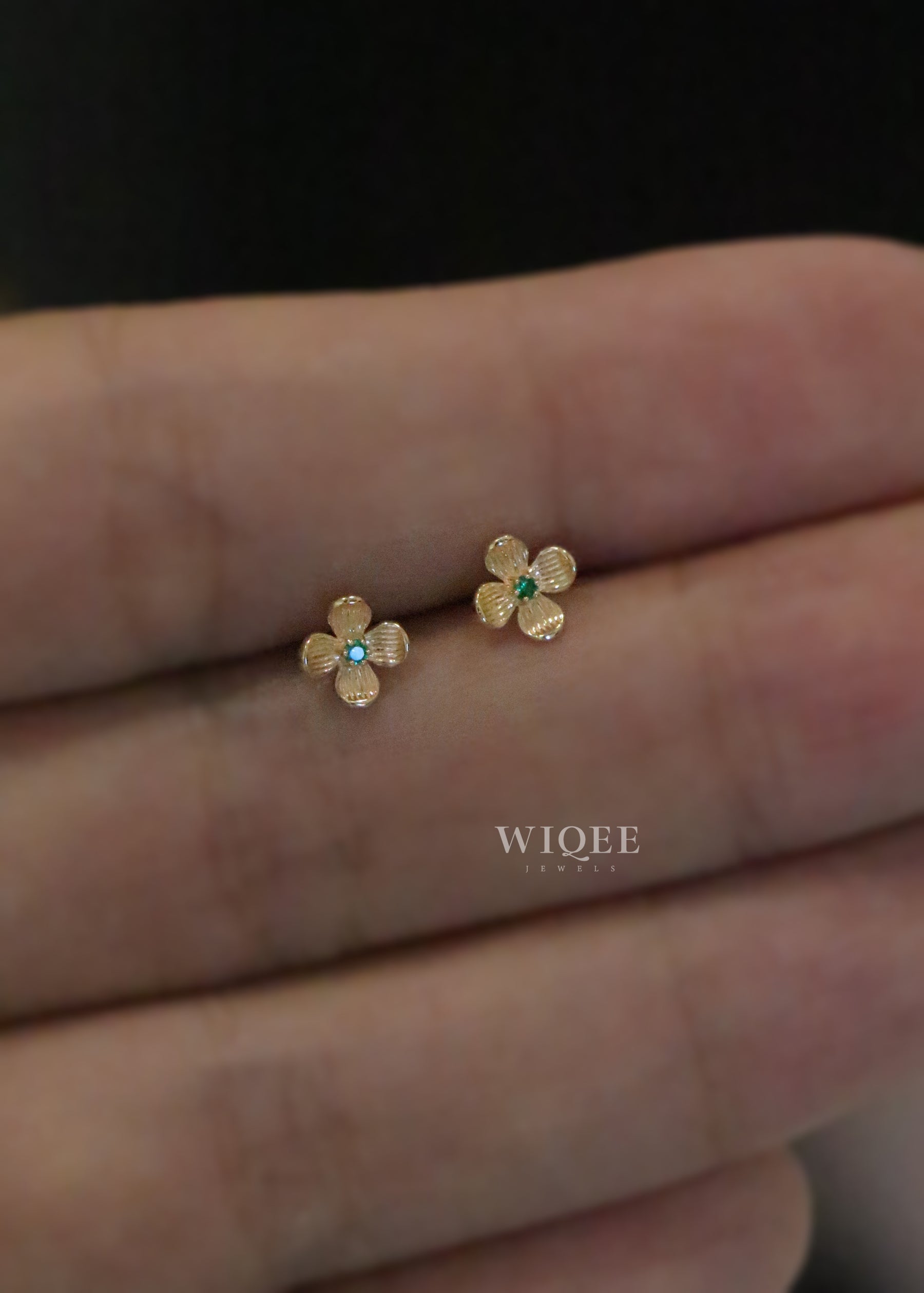 9K Solid Gold Emerald Four Leaf Clover Stud Earrings, Minimalist Style