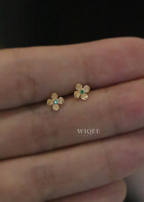 9K Solid Gold Emerald Four Leaf Clover Stud Earrings, Minimalist Style