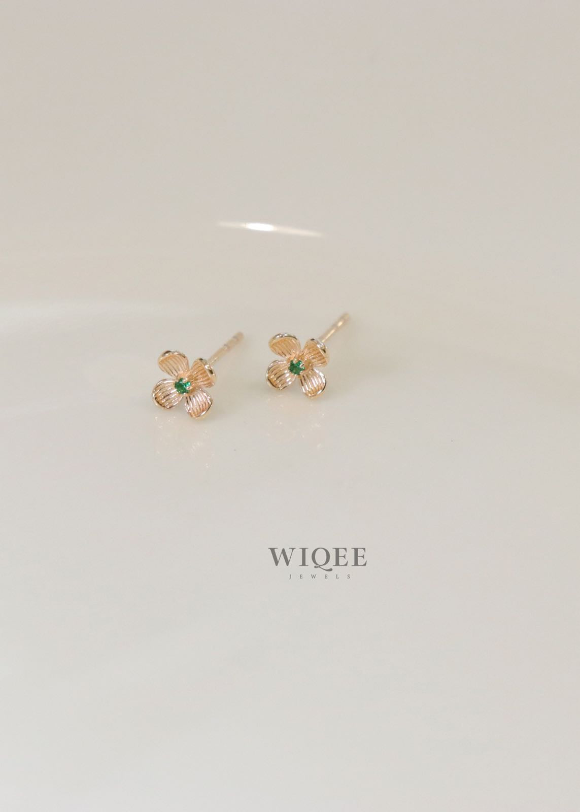 9K Solid Gold Emerald Four Leaf Clover Stud Earrings, Minimalist Style