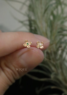 9K Solid Gold Emerald Four Leaf Clover Stud Earrings, Minimalist Style