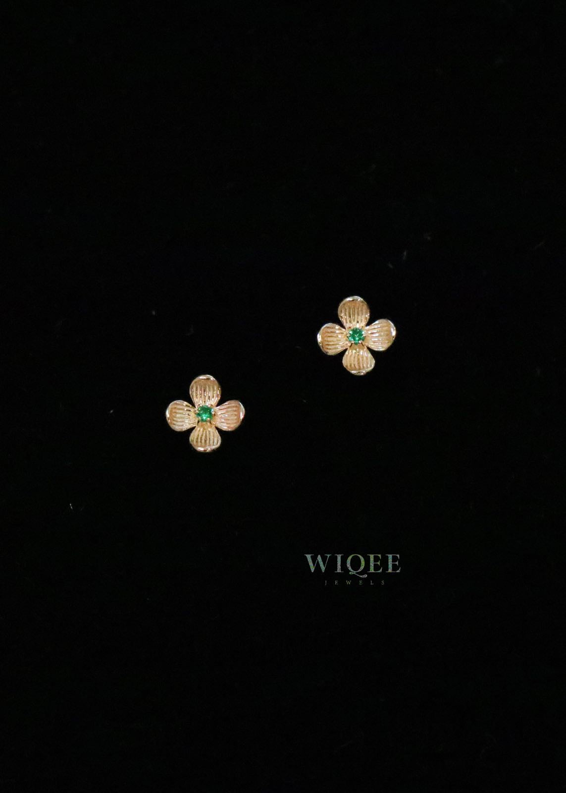 9K Solid Gold Emerald Four Leaf Clover Stud Earrings, Minimalist Style