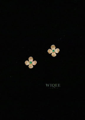 9K Solid Gold Emerald Four Leaf Clover Stud Earrings, Minimalist Style