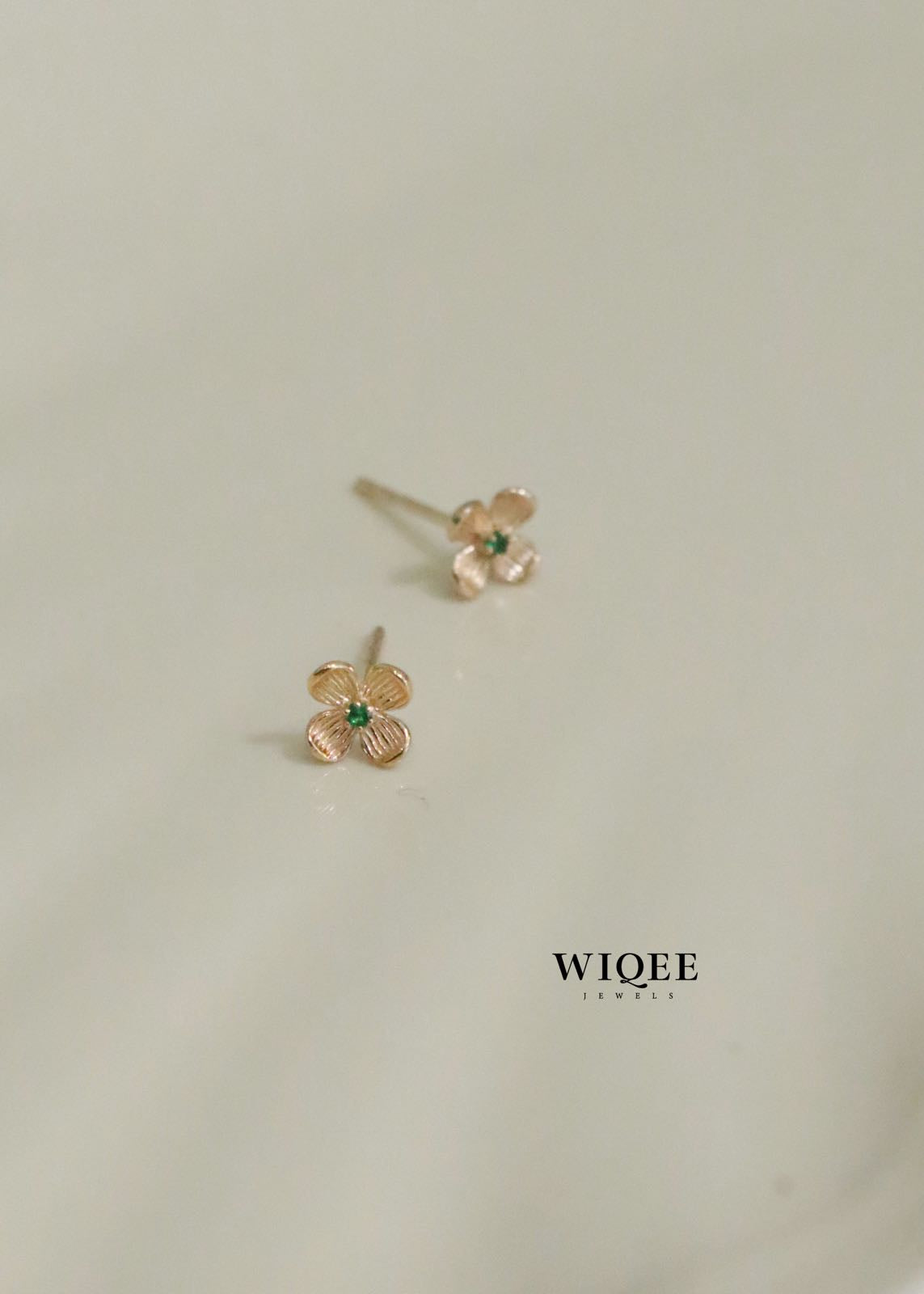 9K Solid Gold Emerald Four Leaf Clover Stud Earrings, Minimalist Style