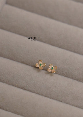 9K Solid Gold Emerald Four Leaf Clover Stud Earrings, Minimalist Style