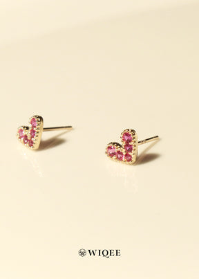 Pink Heart Gold Stud Earrings