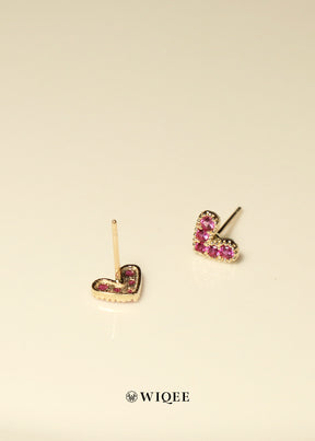 Pink Heart Gold Stud Earrings