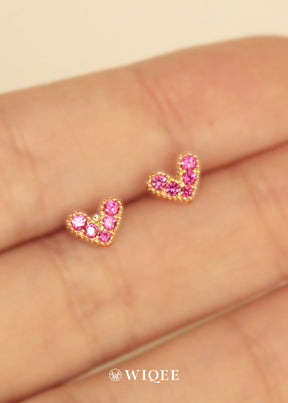 Pink Heart Gold Stud Earrings