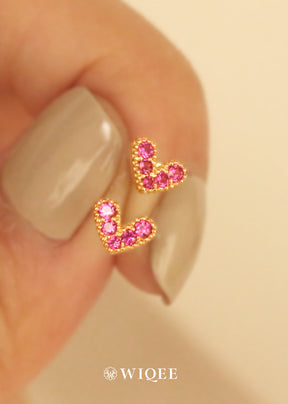 Pink Heart Gold Stud Earrings