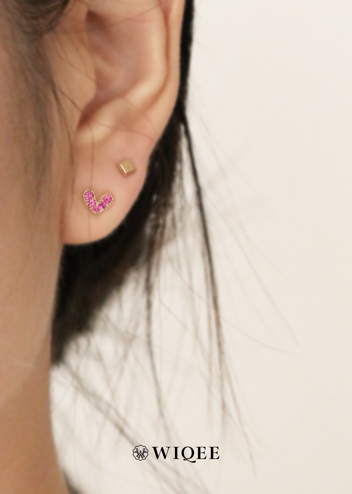 Pink Heart Gold Stud Earrings