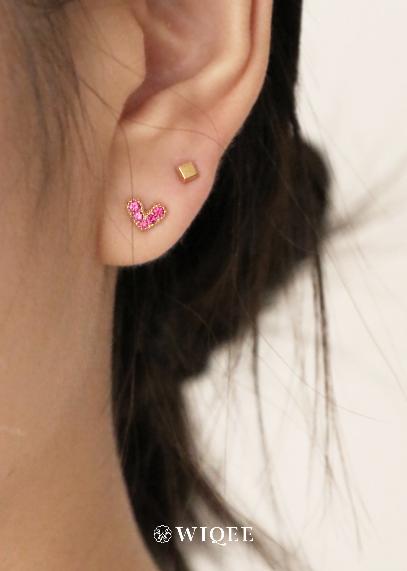 Pink Heart Gold Stud Earrings