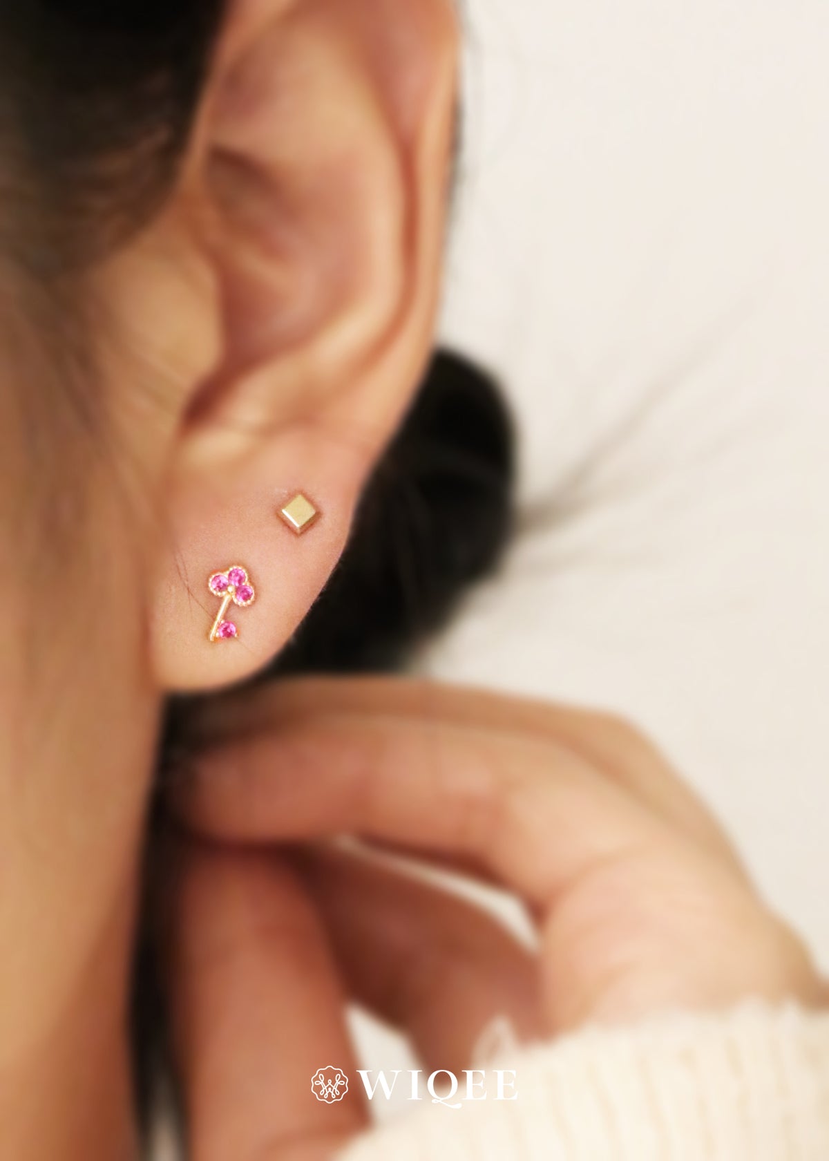 Pink Key Gold Stud Earrings